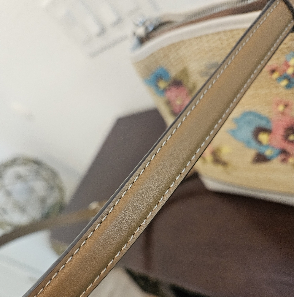 Coach Millie Floral Embroidered Straw Bag - Tan and White - Picture 2 of 9